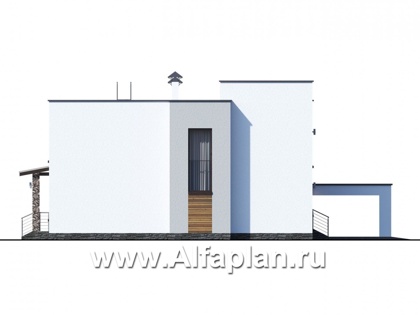 Проекты домов Альфаплан - «Престиж» - проект удобного и просторного дома с плоской кровлей, и гаражом-навесом - изображение фасада №4