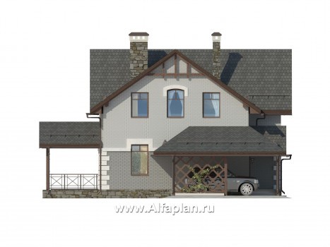 Проект коттеджа с мансардой, 3 спальни, с террасой и навесом на 1 авто - превью фасада дома
