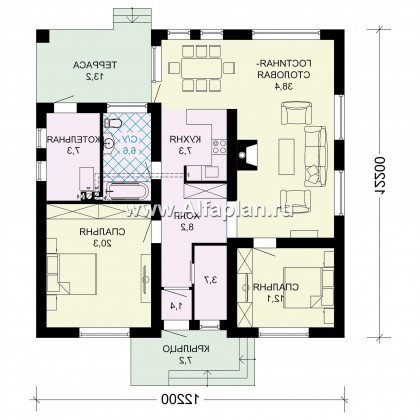 Проект одноэтажного коттеджа из газобетона, план 2 спальни и терраса, в современном стиле - превью план дома