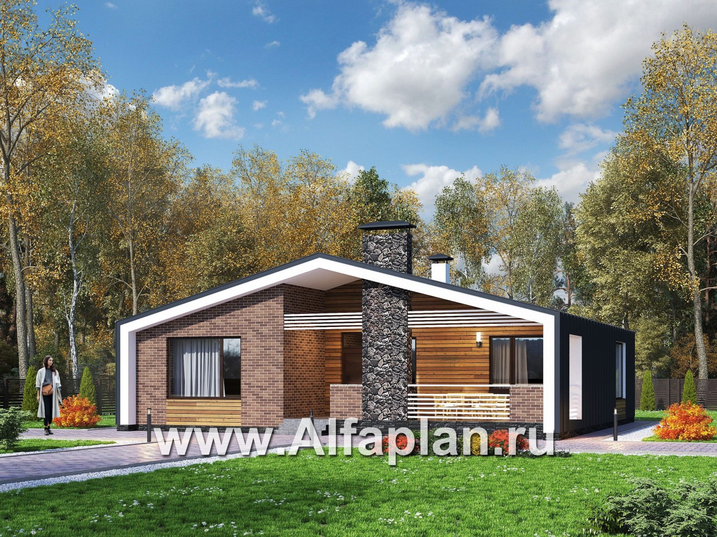 Проекты домов Альфаплан - «Веда» - проект одноэтажного дома с сауной в стиле барн - основное изображение