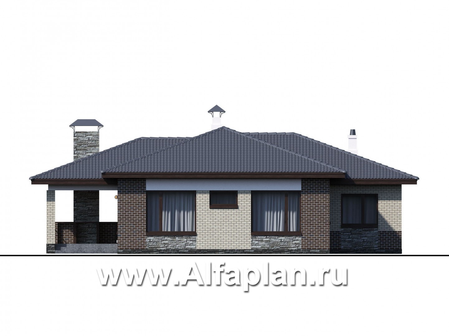Проекты домов Альфаплан - «Юкон» - просторный одноэтажный коттедж с террасой - изображение фасада №3