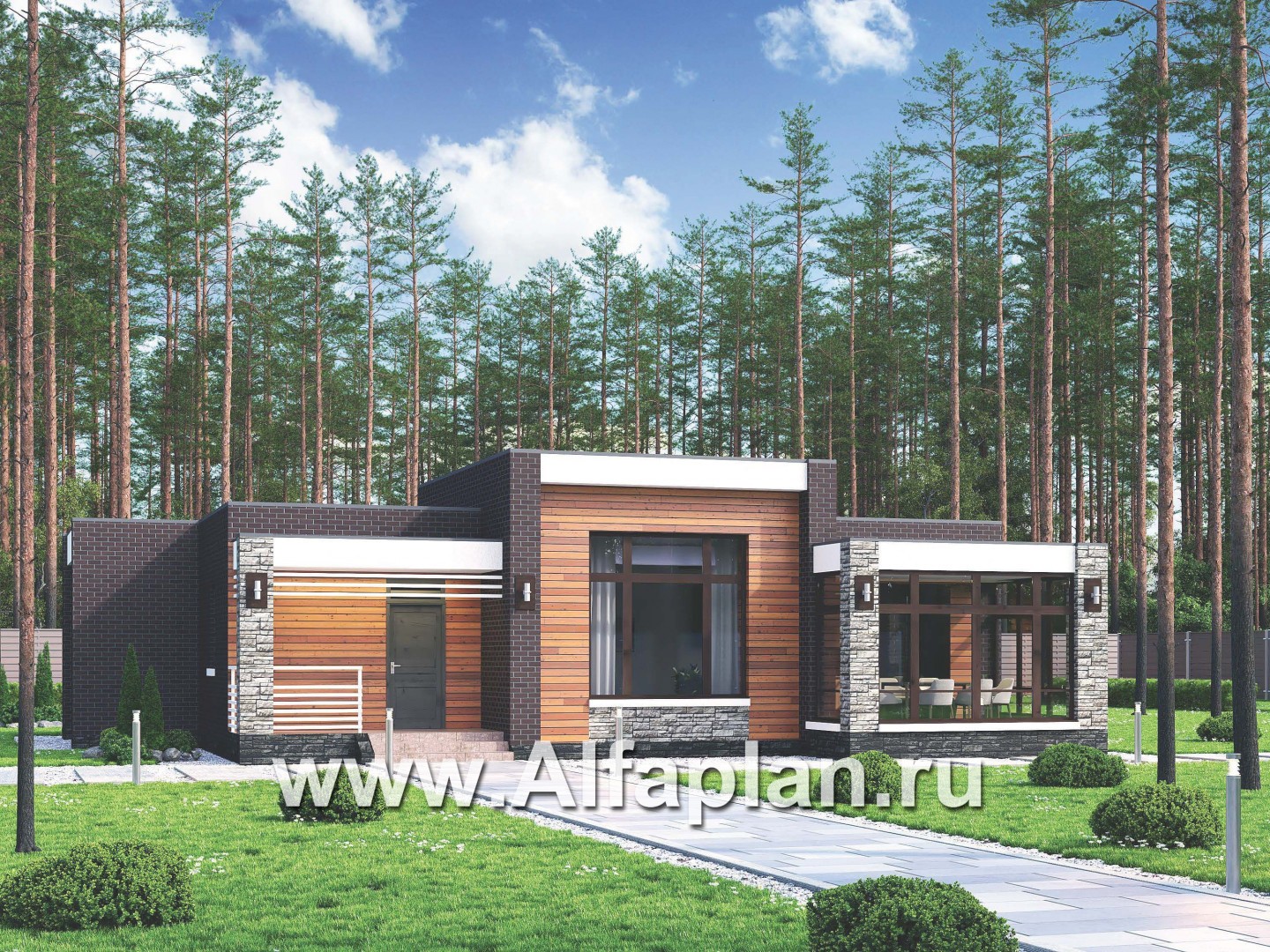Проекты домов Альфаплан - «Эрато» — одноэтажный дом с плоской кровлей - основное изображение