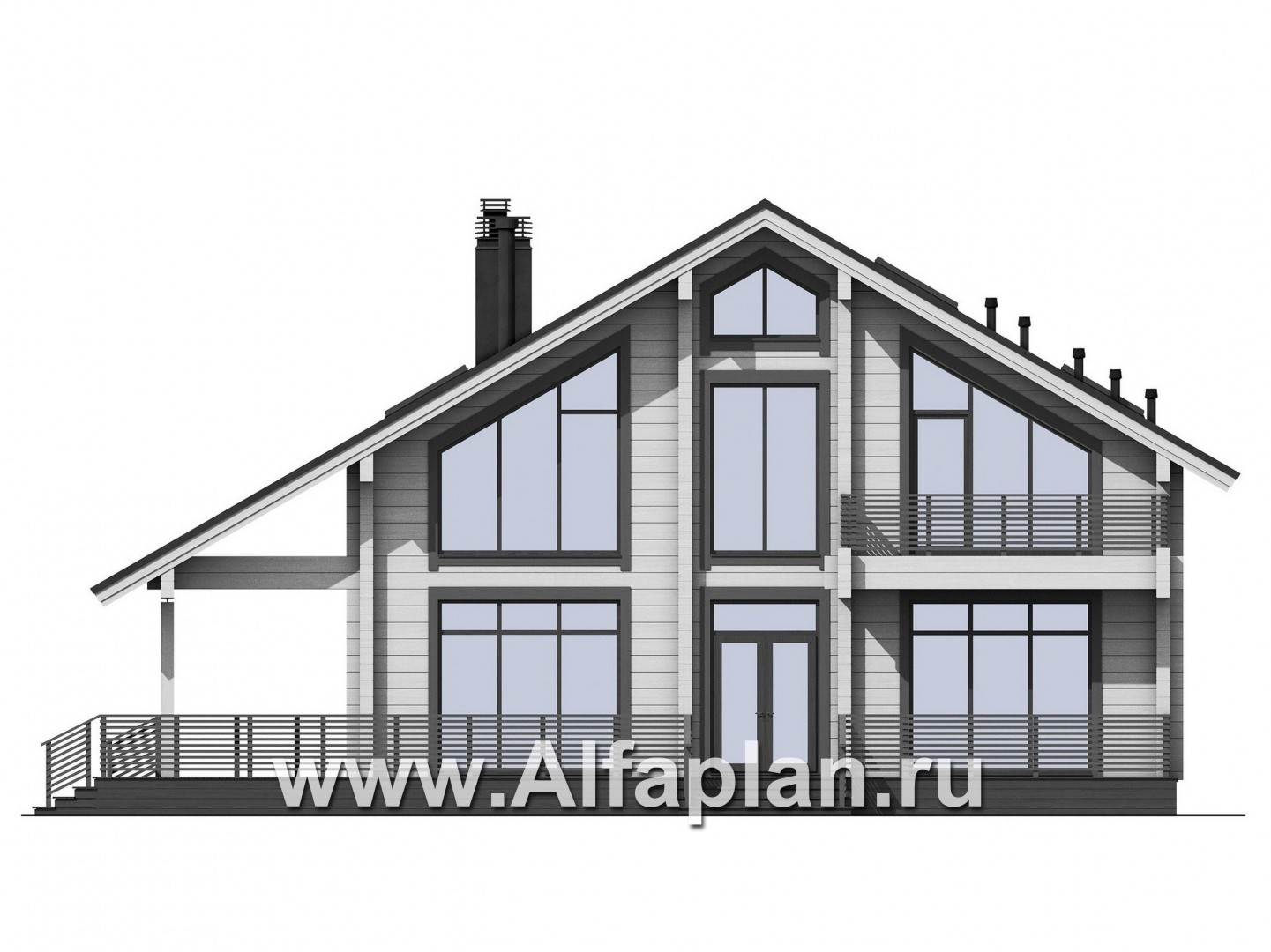 Проект дома с мансардой из бруса, планировка со вторым светом и кабинетом на 1 эт, с террасой. - фасад дома