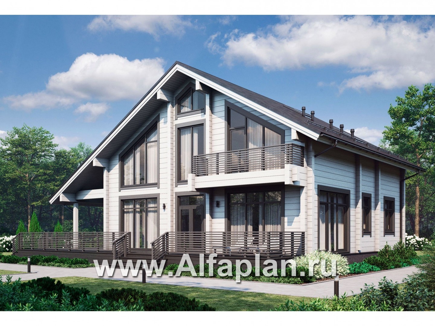 Проект дома с мансардой из бруса, планировка со вторым светом и кабинетом на 1 эт, с террасой. - основное изображение