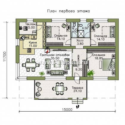 Проекты домов Альфаплан - Проект компактного одноэтажного дома с тремя спальнями - превью плана проекта №1