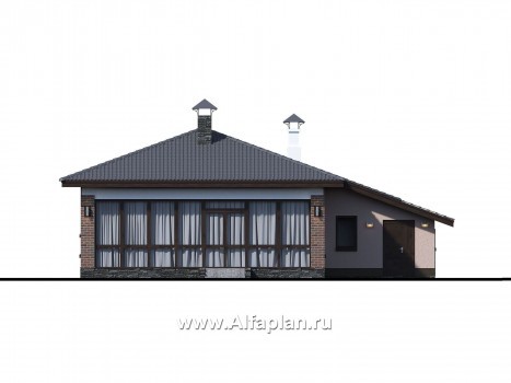 Проекты домов Альфаплан - «Калиопа» -одноэтажный дом с большим гаражом и остекленной верандой - превью фасада №1