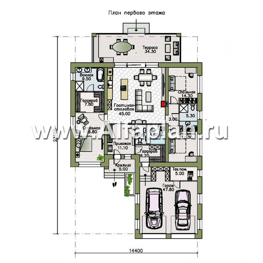 Проекты домов Альфаплан - «Зодиак» - одноэтажный коттедж с большим гаражом - план проекта №1