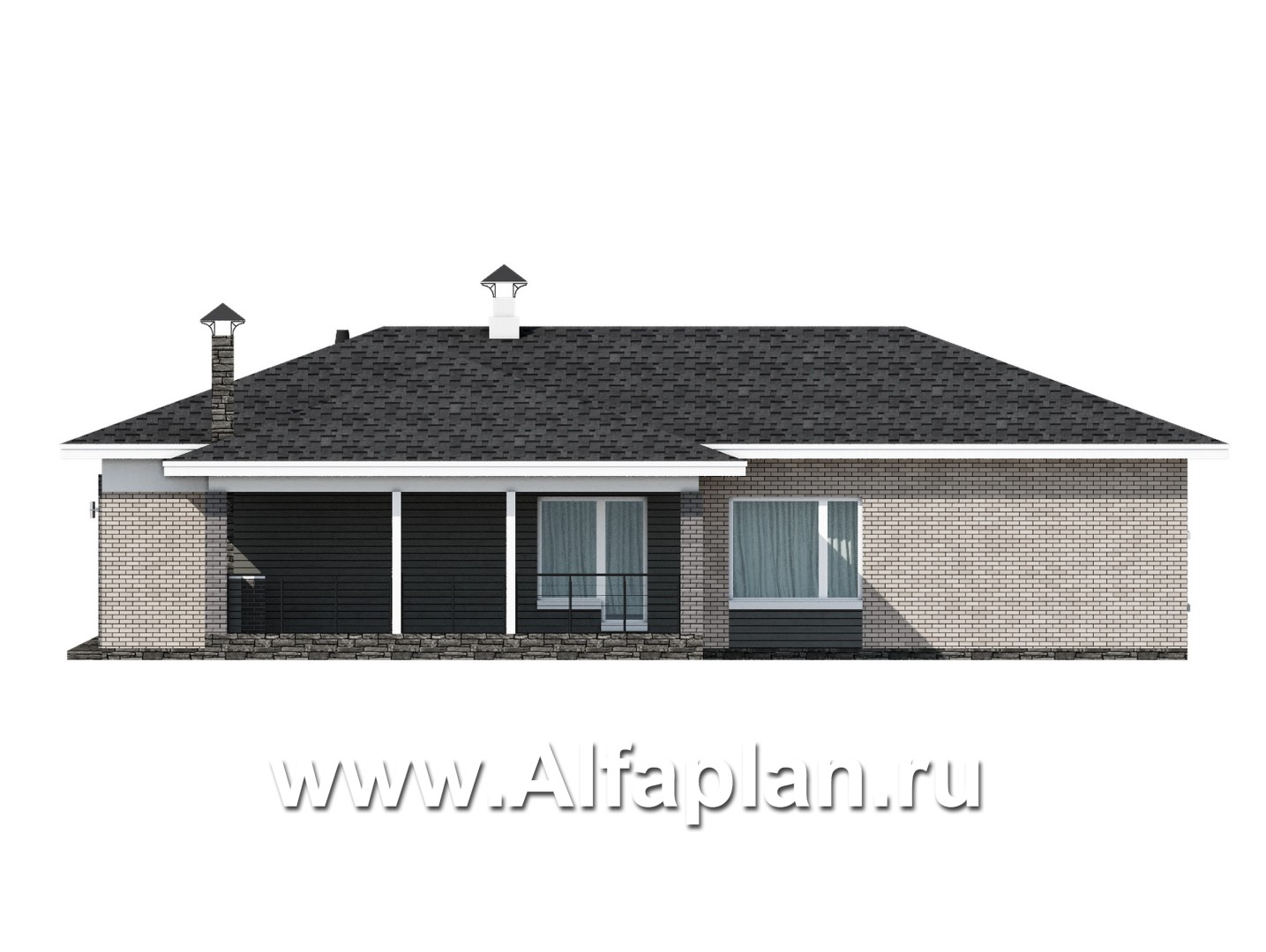 Проекты домов Альфаплан - «Юкон» - проект просторного одноэтажного дома с террасой - изображение фасада №2