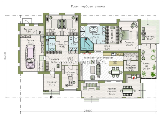 «Ривьера» - проект современного, роскошного одноэтажного дома, в скандинавском стиле - превью план дома