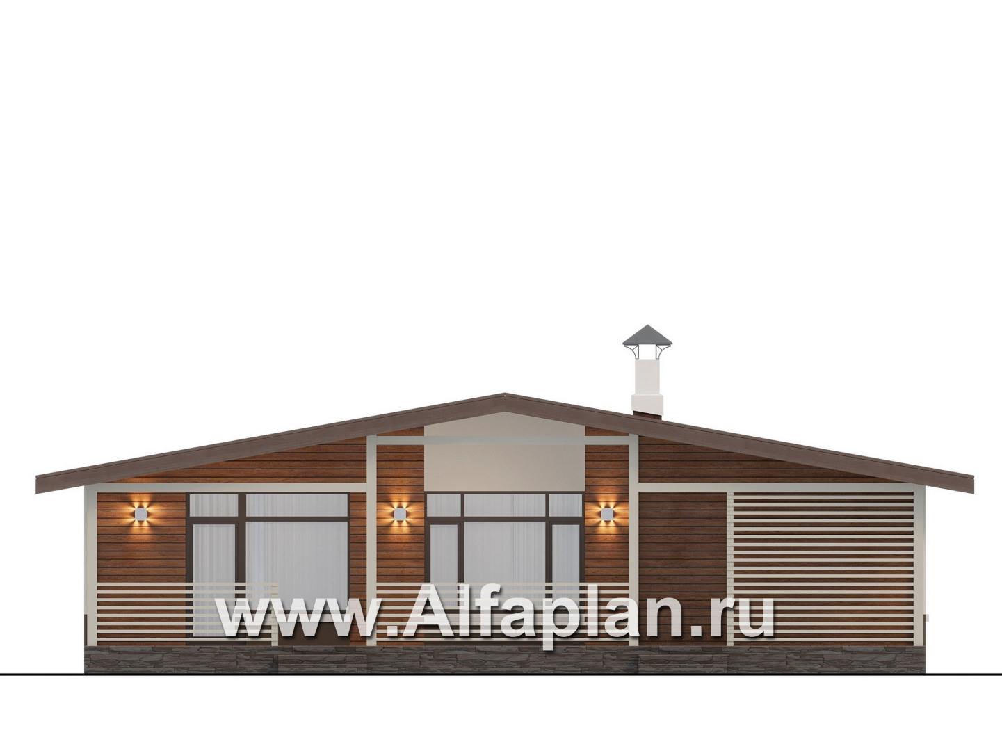 «Отрадное» - проект одноэтажного дома, с террасой, 3 спальни, с двускатной крышей - фасад дома