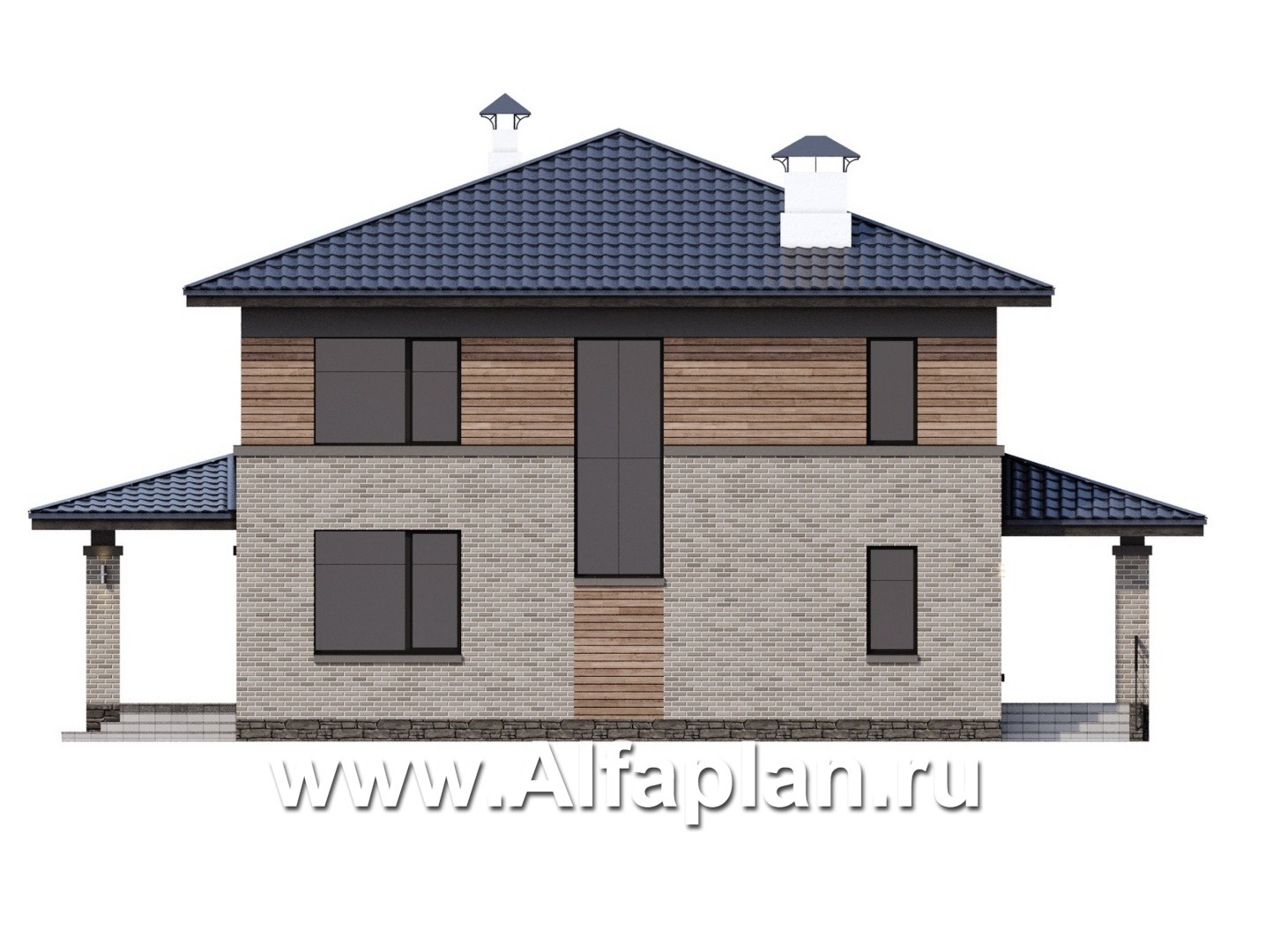 «Триггер роста» - проект двухэтажного дома из блоков, с террасой и вторым светом, в стиле Райта - фасад дома