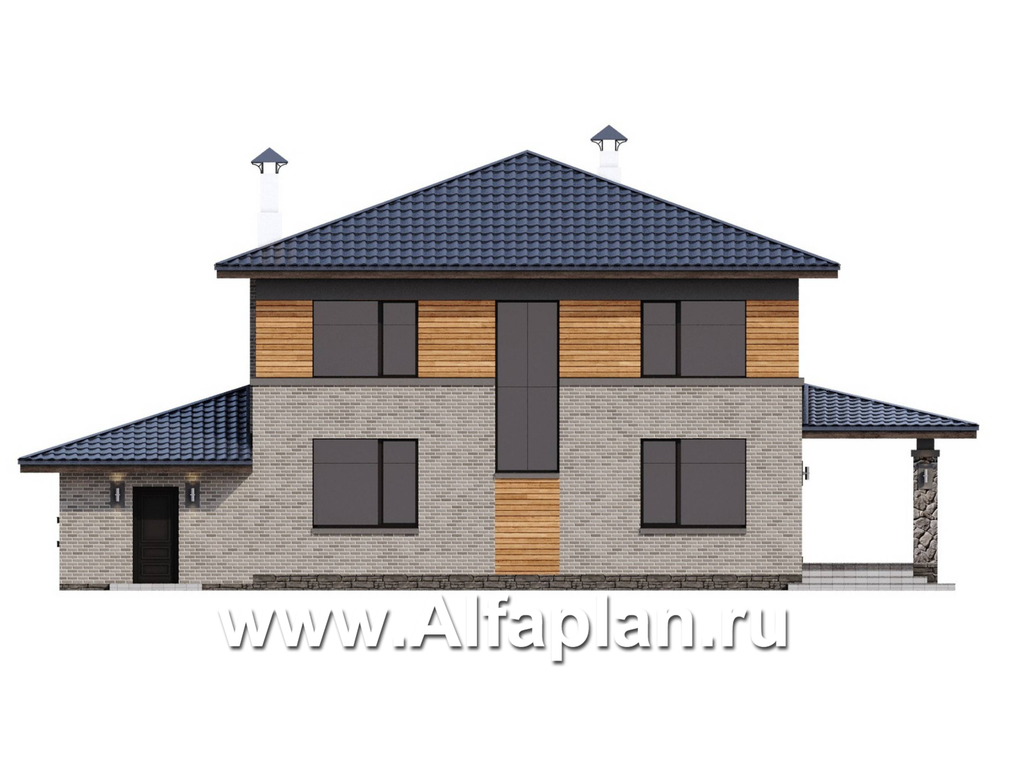 «Триггер роста» - проект двухэтажного дома из блоков, с террасой и вторым светом, с гаражом, в стиле Райта - фасад дома