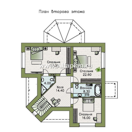 «Аскольд» - проект двухэтажного дома с террасой, планировка дома по диагонали, в стиле замка с башней, для углового участка - превью план дома