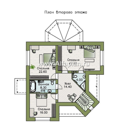 «Аскольд» - проект двухэтажного дома с террасой, планировка дома по диагонали, в стиле замка с башней, для углового участка - превью план дома