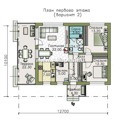 Проекты домов Альфаплан - "Литен" - проект маленького одноэтажного дома с комфортной планировкой, с террасой - превью плана проекта №2