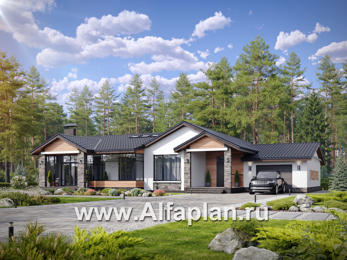 «Альтернатива» - проект современного одноэтажного дома, мастер спальня, с сауной и с террасой - основное изображение