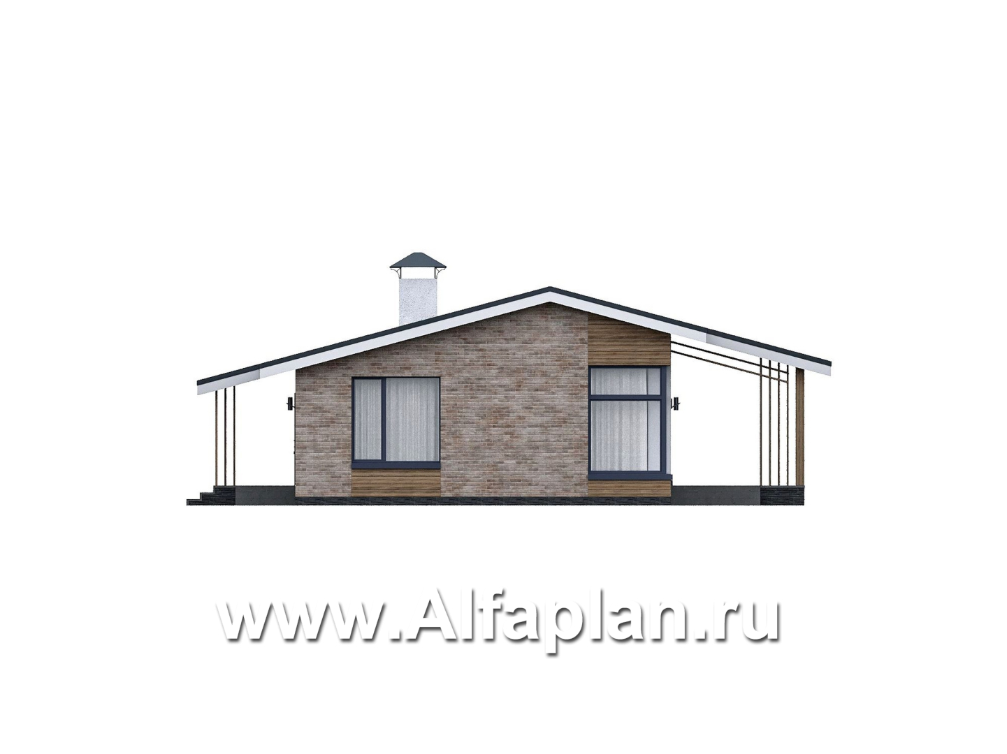 Проекты домов Альфаплан - "Алладин" - проект одноэтажного дома, мастер спальня, с террасой и красивым потолком гостиной со стропилами - изображение фасада №4