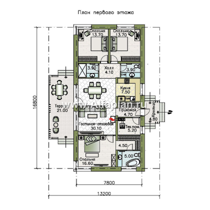 Проекты домов Альфаплан - "Алладин" - проект одноэтажного дома, мастер спальня, с террасой и красивым потолком гостиной со стропилами - превью плана проекта №1