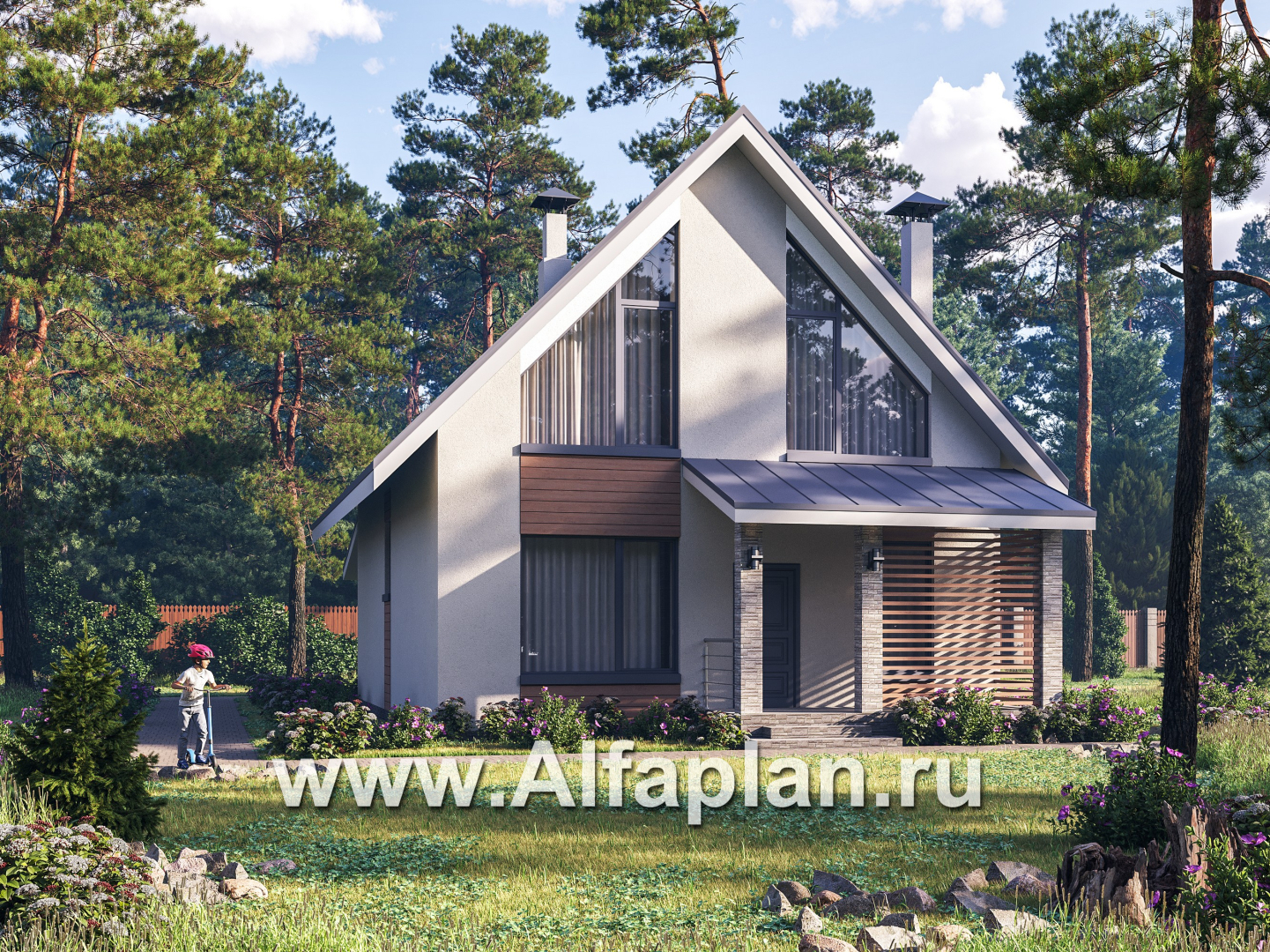 Проекты домов Альфаплан - "Генезис" - проект дома, с мансардой, с террасой в современном стиле - основное изображение