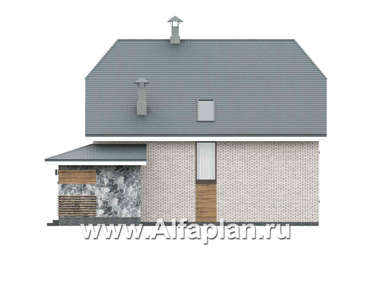 Проекты домов Альфаплан - "Династия" - проект дома с мансардой, с террасой сбоку, мастер спальня - изображение фасада №2