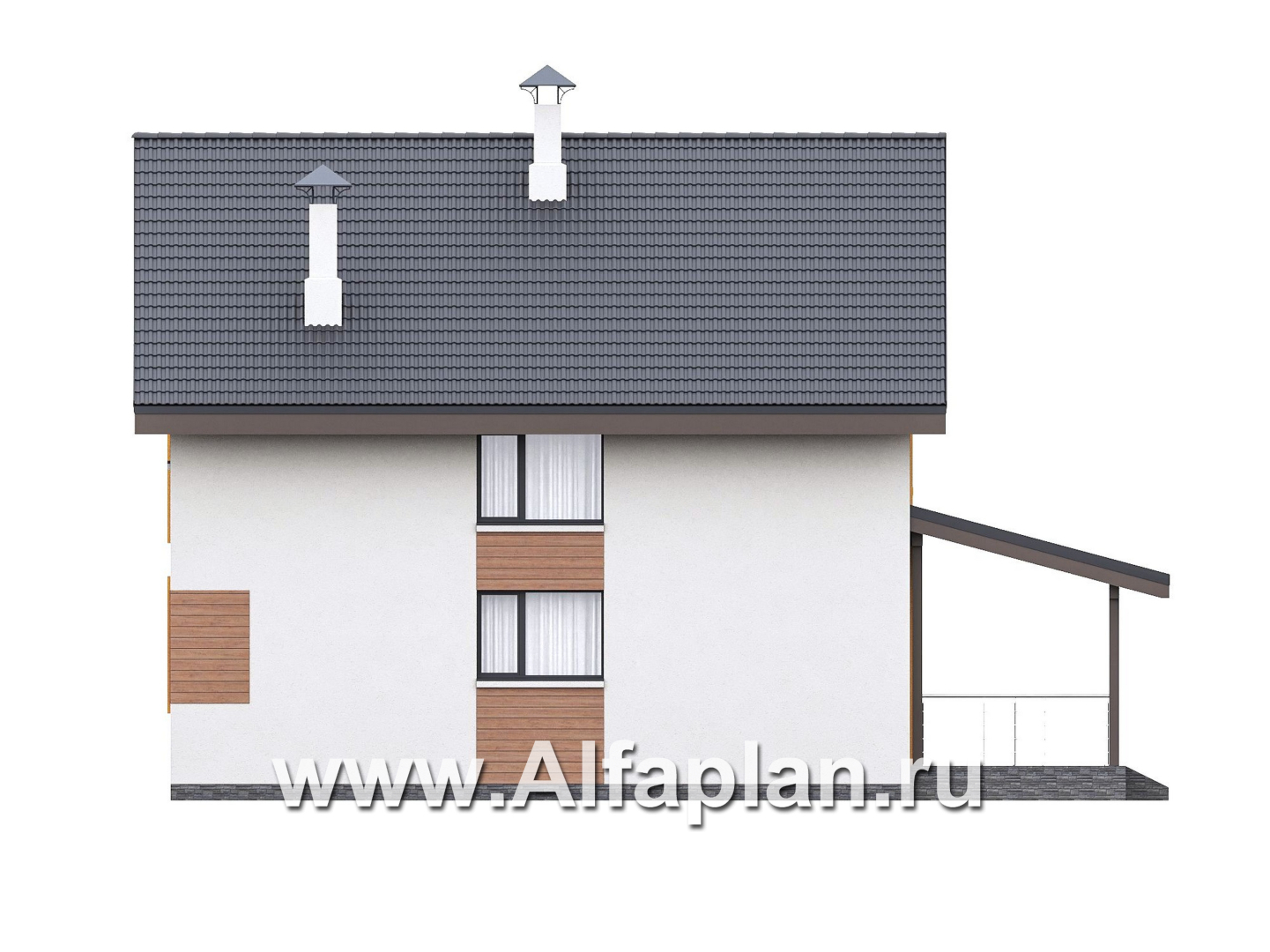 Проекты домов Альфаплан - "Викинг" - проект дома, 2 этажа, с сауной и с террасой, в скандинавском стиле - изображение фасада №2