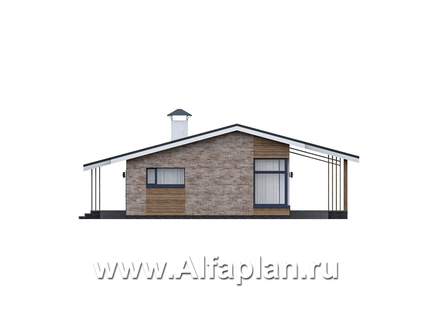Проекты домов Альфаплан - "Алладин" - проект одноэтажного дома, мастер спальня, с террасой и красивым потолком гостиной со стропилами  - изображение фасада №1