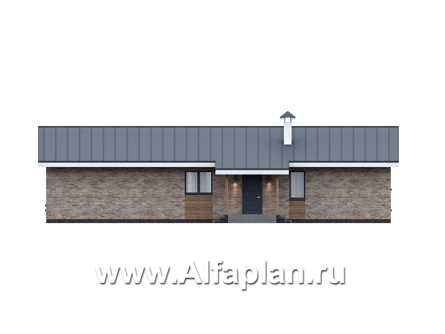 Проекты домов Альфаплан - "Алладин" - проект одноэтажного дома, мастер спальня, с террасой и красивым потолком гостиной со стропилами  - изображение фасада №3