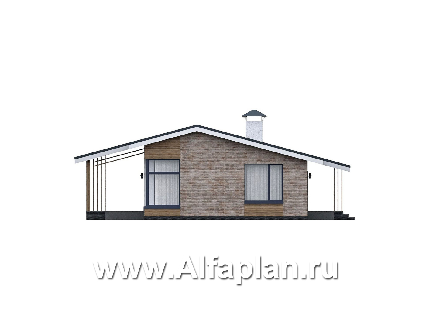 Проекты домов Альфаплан - "Алладин" - проект одноэтажного дома, мастер спальня, с террасой и красивым потолком гостиной со стропилами  - изображение фасада №4