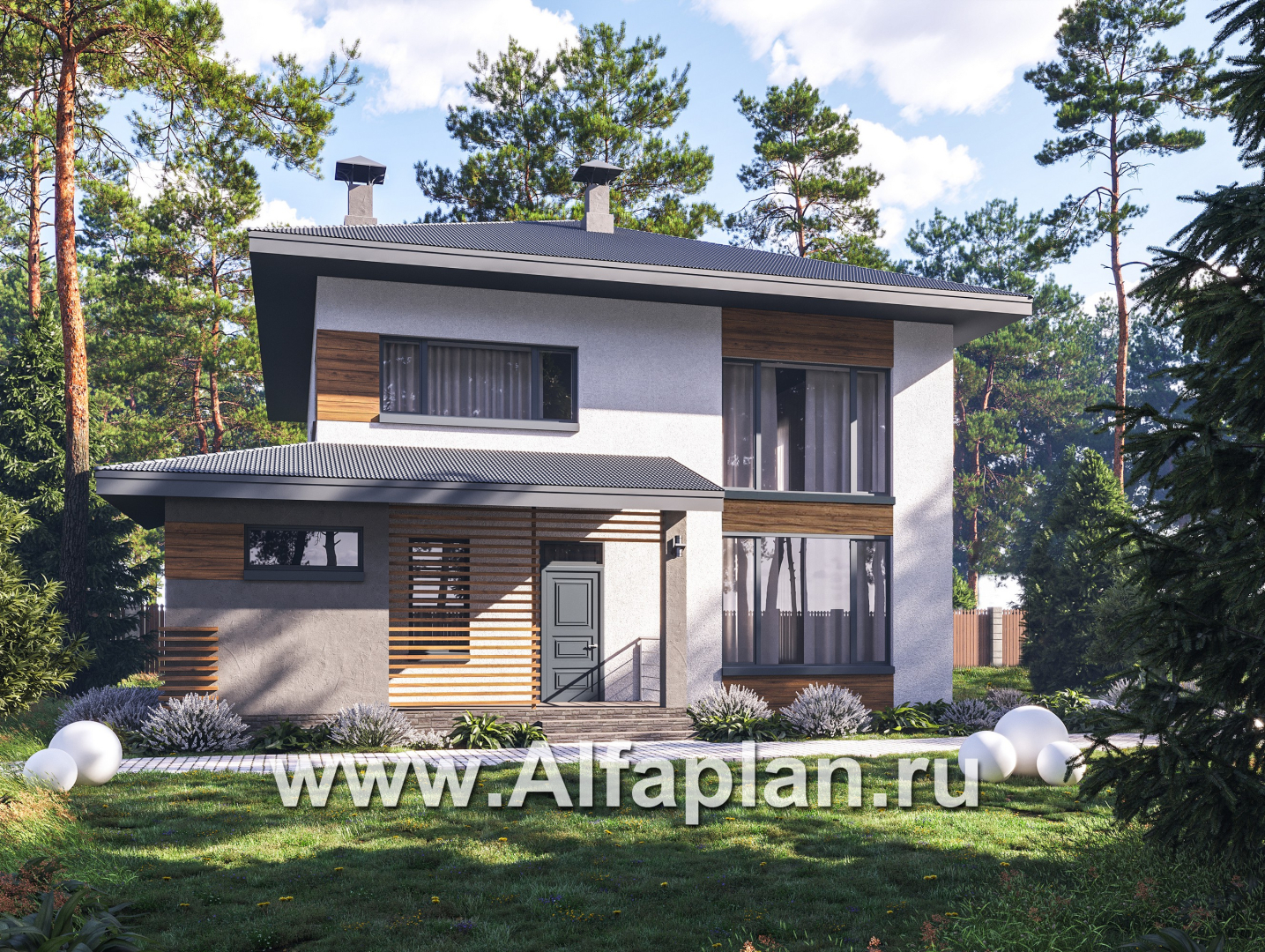 Проекты домов Альфаплан - "Чистая линия"  - проект дома, 2 этажа, мастер спальня, с террасой, в современном стиле - основное изображение