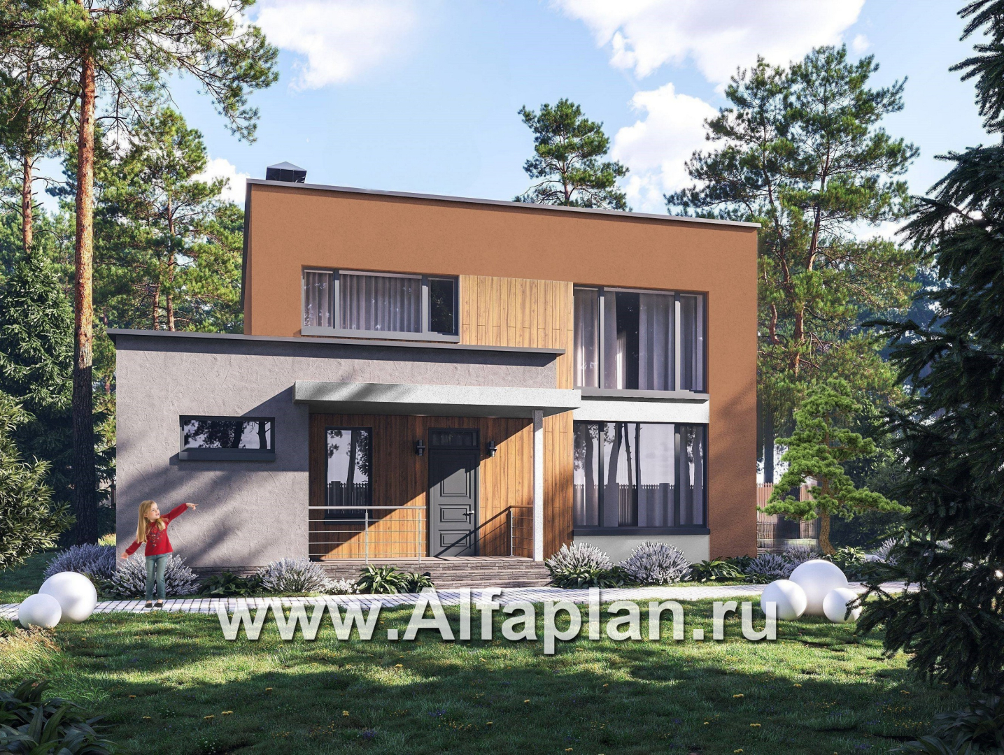 Проекты домов Альфаплан - "Коронадо" - проект дома, 2 этажа, с террасой и плоской крышей, мастер спальня, в стиле хай-тек - основное изображение