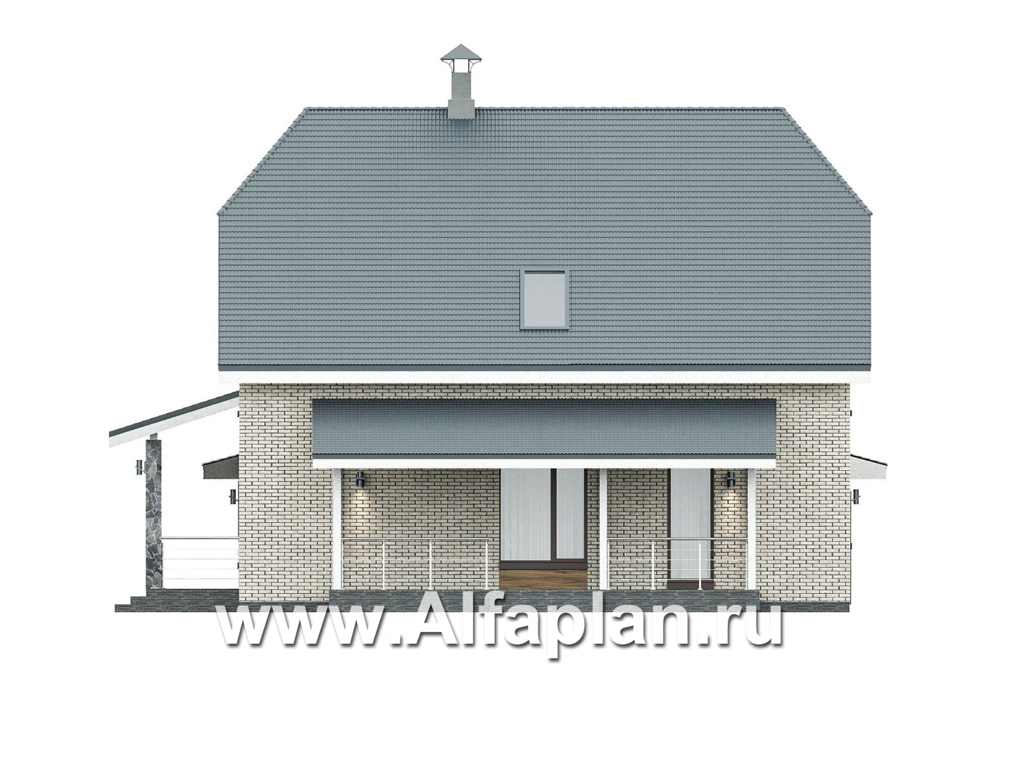 Проекты домов Альфаплан - "Династия" - проект дома с мансардой, мастер спальня, с террасой сбоку и гаражом с мастерской - изображение фасада №2