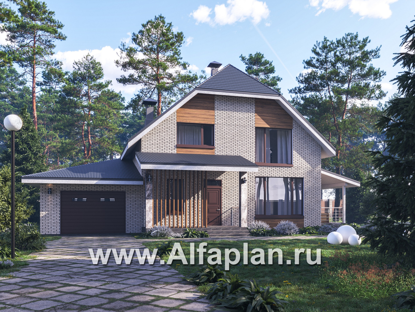 Проекты домов Альфаплан - "Династия" - проект дома с мансардой, мастер спальня, с террасой сбоку и гаражом с мастерской - основное изображение