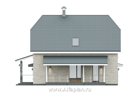 Проекты домов Альфаплан - "Династия" - проект дома с мансардой, мастер спальня, с террасой сбоку и гаражом с мастерской - превью фасада №2