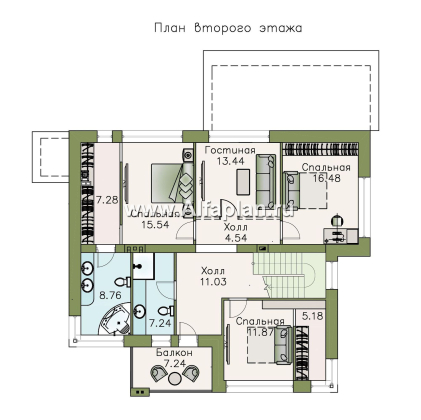 «Прайд» - проект современного двухэтажного дома, мастер спальня, с террасой и сауной - превью план дома