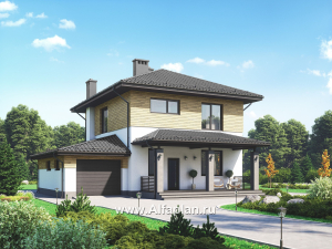 Проект двухэтажного дома, с террасой и с гаражом, планировка с кабинетом на 1 эт