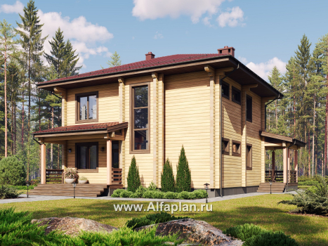 Проект двухэтажного дома из клееного бруса, планировка со спальней на 1 эт, с террасой - превью дополнительного изображения №1