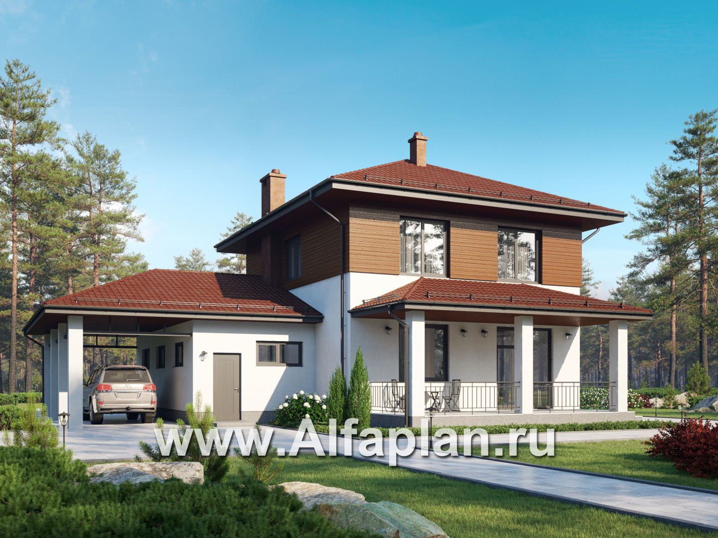 Проект загородного дома, c кабинетом на 1 эт и с террасой, гараж на 1 авто + навес на 2 авто - дизайн дома №1