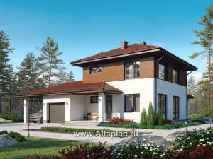 Проект загородного дома, c кабинетом на 1 эт и с террасой, гараж на 1 авто + навес на 2 авто