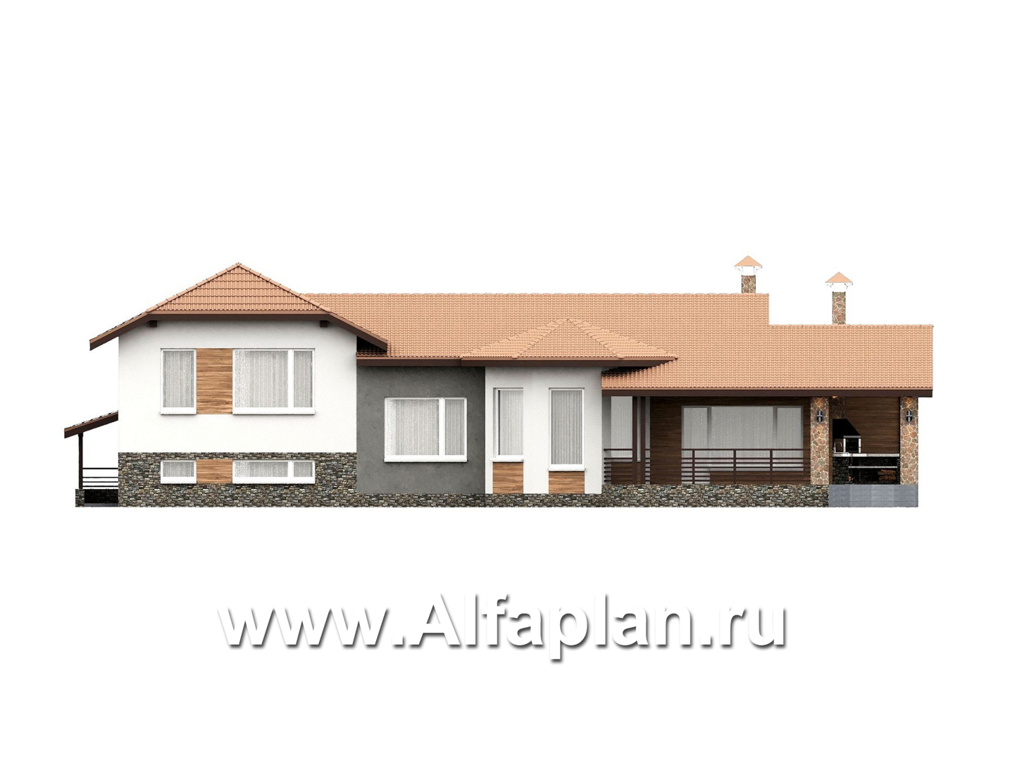 «Ной и команда» - проект полутораэтажного коттеджа, планировка мастер спальня, с эркером и с террасой, с сауной в цоколе - фасад дома