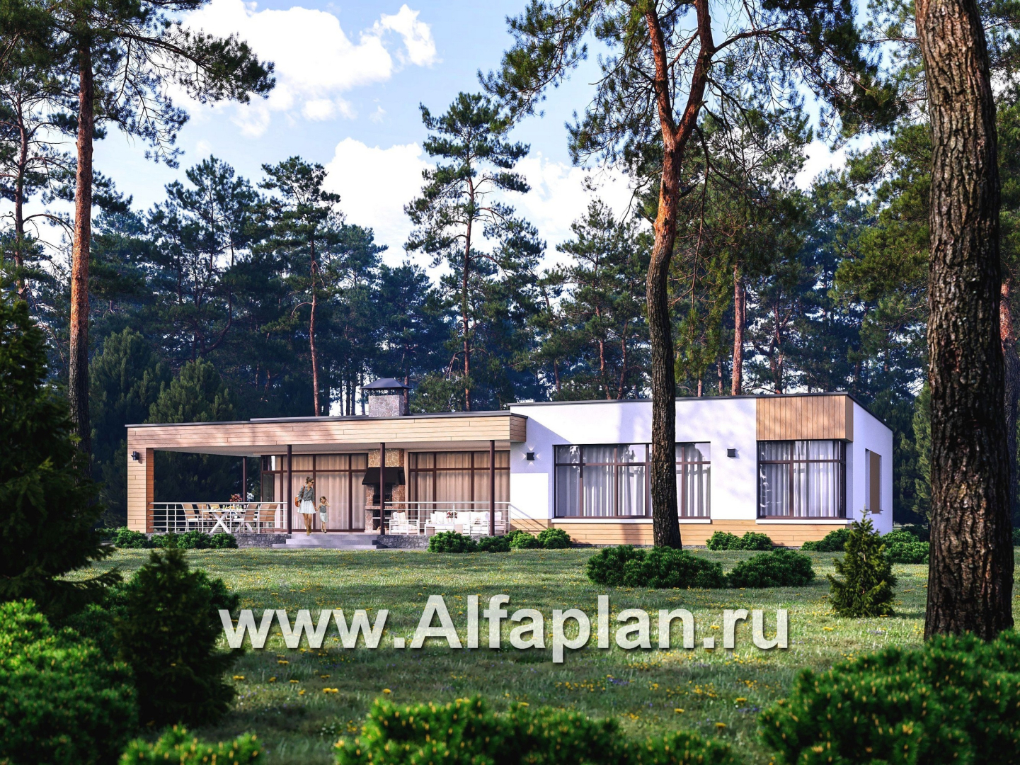 «Финансист» - проект одноэтажного дома, планировка мастер спальня, с сауной и с террасой - основное изображение