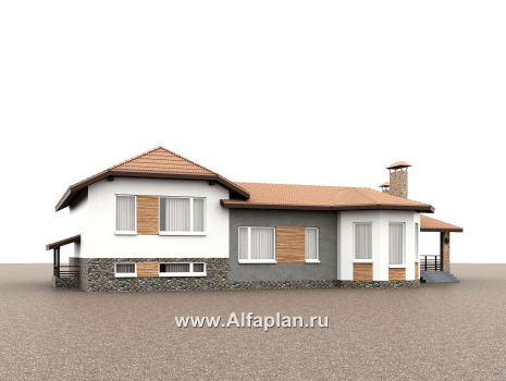 «Ной и команда» - проект полутораэтажного коттеджа, планировка мастер спальня, с эркером и с террасой, с сауной в цоколе  - превью дополнительного изображения №2