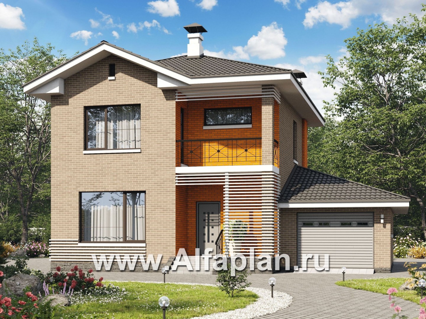 Проекты домов Альфаплан - «Серебро» - современный экономичный дом с гаражом - основное изображение