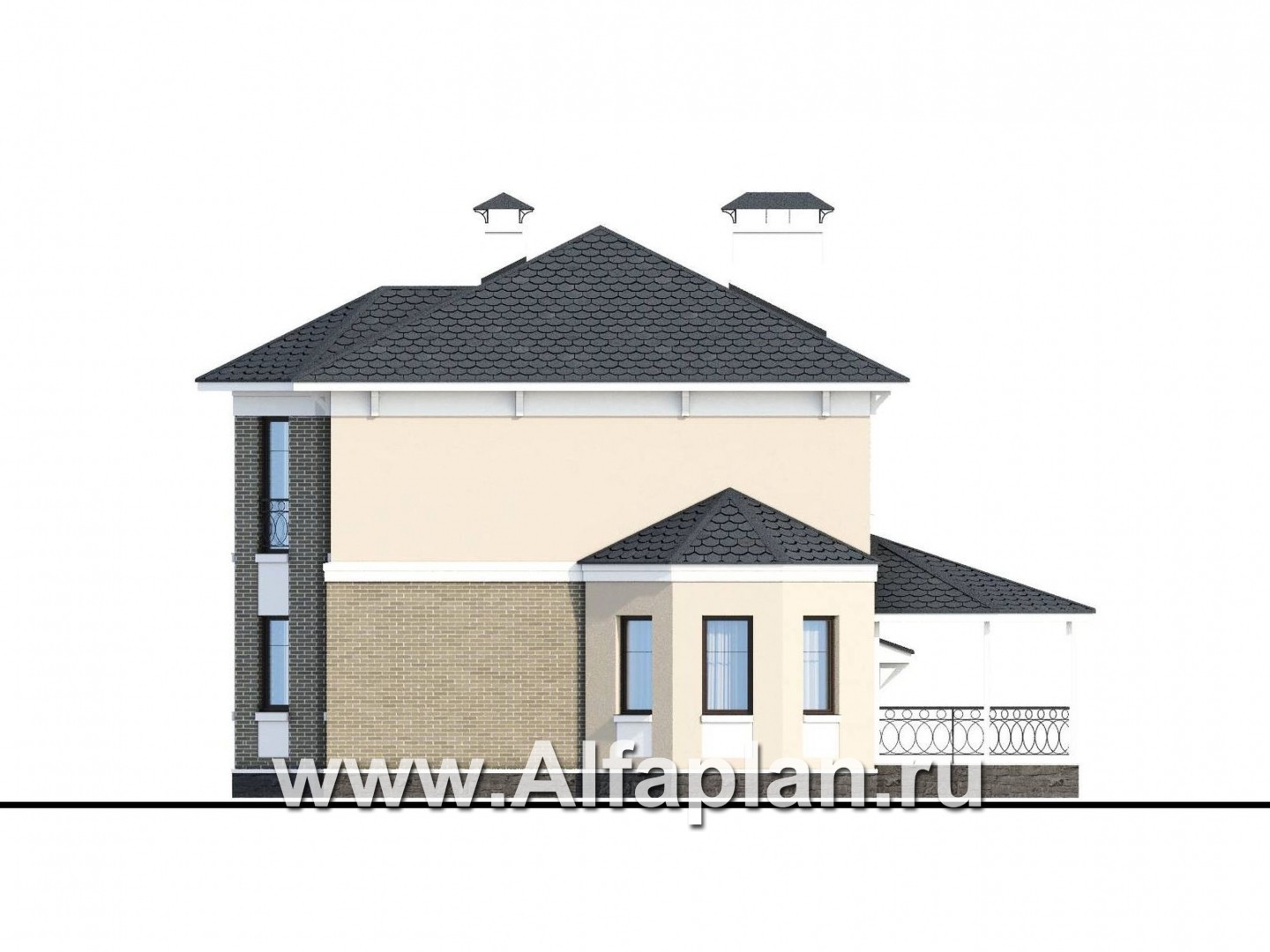 Проекты домов Альфаплан - «Классика» - двухэтажный особняк с эркером и гаражом на два автомобиля - изображение фасада №2
