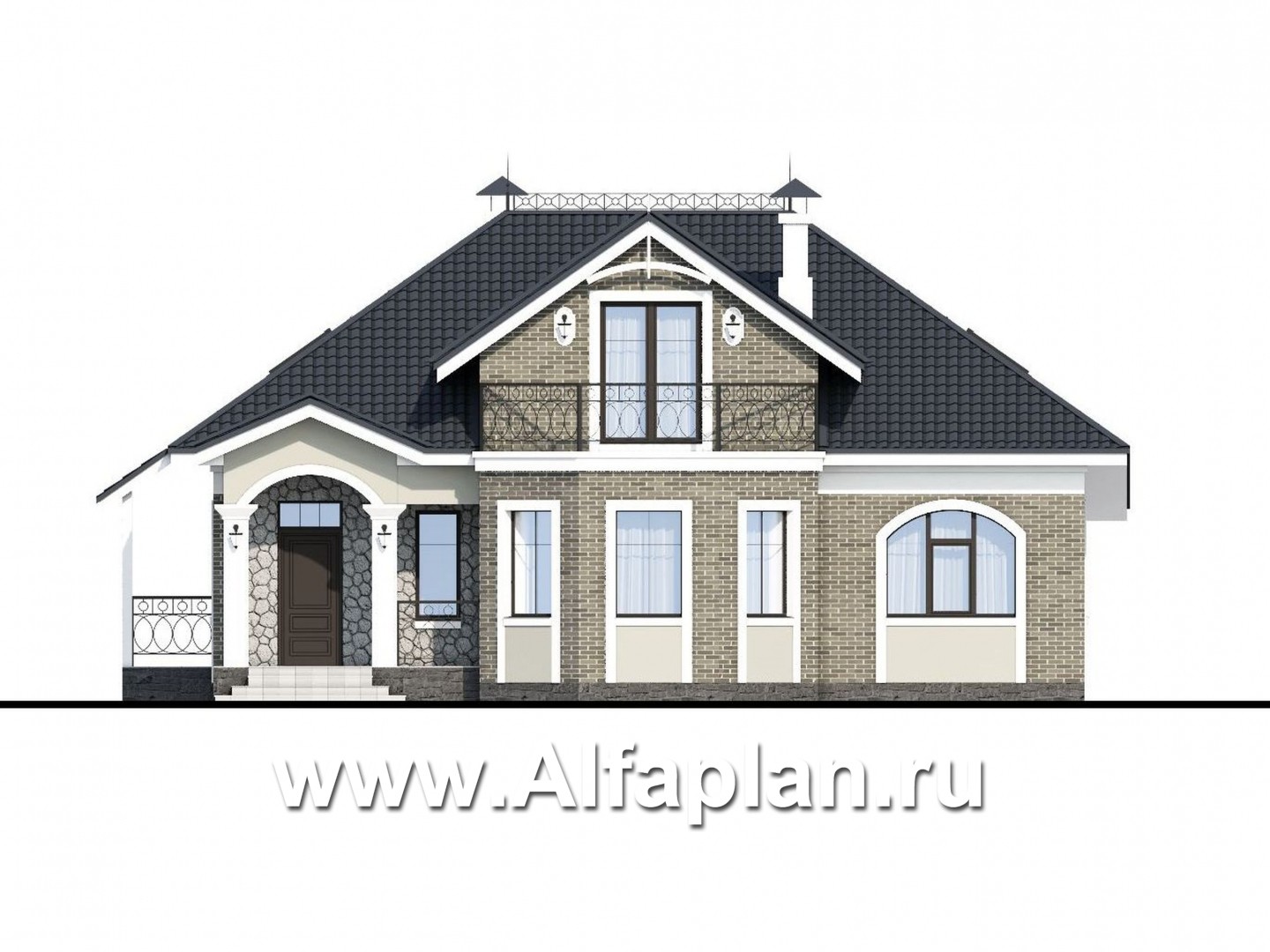 Проекты домов Альфаплан - «Валдай»- мансардный дом с красивым эркером и террасой - изображение фасада №1