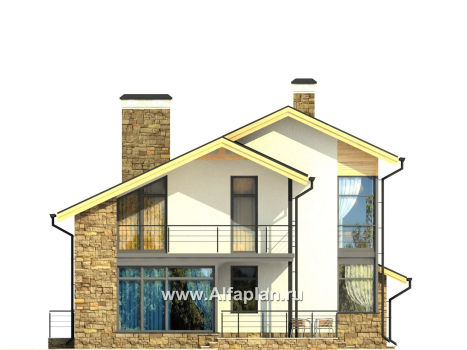 Проекты домов Альфаплан - Двухэтажный кирпичный коттедж с угловым витражом - превью фасада №2