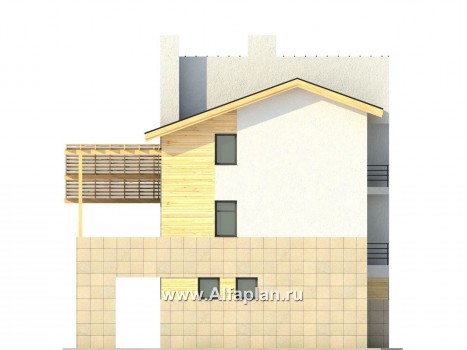 Проект трехэтажного дома из кирпича, с террасой, с гаражом в цокольном этаже на уровне земли, в стиле минимализм - превью фасада дома