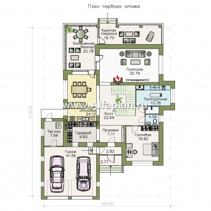«Орлов» - проект двухэтажного дома из газобетона, с террасой и балконом, планировка с лестницей в центре, с гаражом на 2 авто - превью план дома