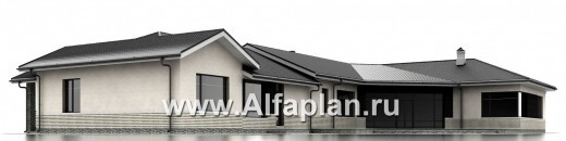 Проекты домов Альфаплан - «Модуль» — проект одноэтажного дома, со спортзалом и сауной, с бассейном и гостевой квартирой - превью фасада №4