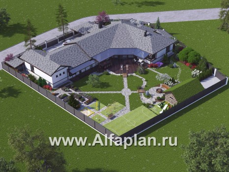 Проекты домов Альфаплан - «Модуль» — проект одноэтажного дома, со спортзалом и сауной, с бассейном и гостевой квартирой - превью дополнительного изображения №2