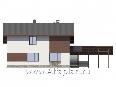Проект двухэтажного дома,  с навесом на 1 авто, в скандинавском стиле - превью фасада дома